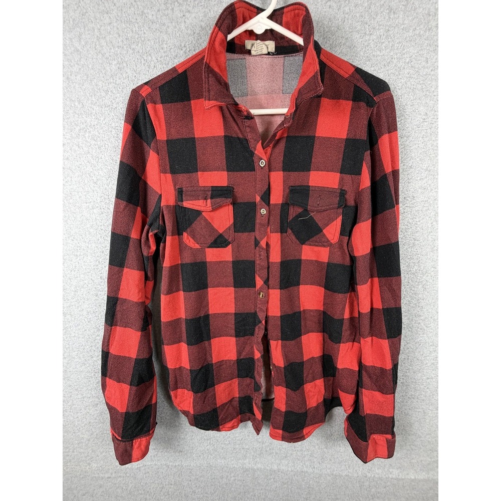 Passport Shirt Women Large Red Black Plaid Flannel Button Up Long Sleeve Stretch